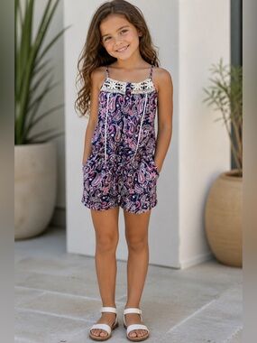 Japna Kids Paisley Romper Girls Size 12 Navy Pink Crochet Trim Summer